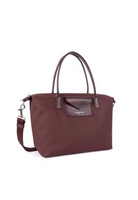 Borsa tote in nylon marrone con dettagli in pelle sintetica, due manici superiori, tracolla staccabile e tasca frontale con pattina e logo.