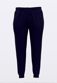 Marineblå joggingbukser med snøre i taljen, elastiske manchetter og en glat tekstur. Enkel, lige ben-design uden synlige mønstre.