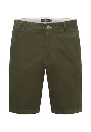 Olivgrüne Shorts aus Cordstoff, mit Reißverschluss, Knopfverschluss und Gürtelschlaufen. Die Textur ist weich und leicht gerippt.