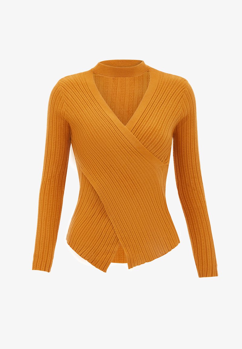 Senfgelbes, geripptes Wickeloberteil mit langen Ärmeln und hohem Kragen. Verfügt über ein strukturiertes Design und einen asymmetrischen Saum.