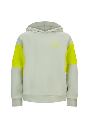 Lichtgroene hoodie met gele accenten. Voorzien van een voorzak, geribbelde manchetten en het "RD RETOUR DENIM" logo in neon geel op de borst.