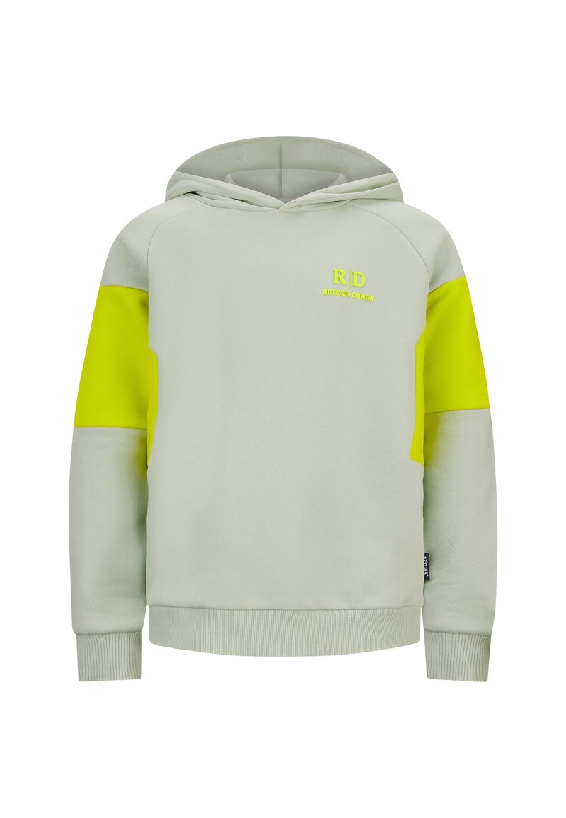 Felpa verde chiaro con accenti gialli. Presenta una tasca frontale, polsini a coste e il logo "RD RETOUR DENIM" in neon giallo sul petto.
