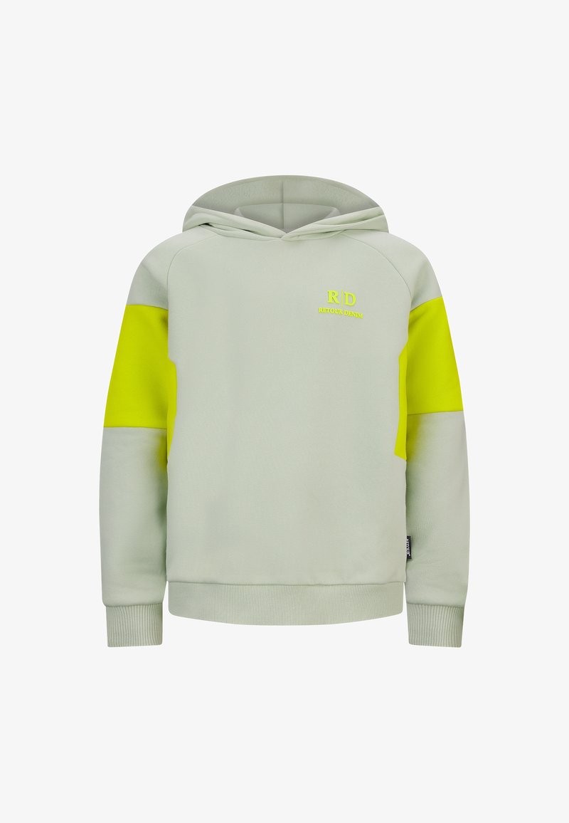 Felpa verde chiaro con accenti gialli. Presenta una tasca frontale, polsini a coste e il logo "RD RETOUR DENIM" in neon giallo sul petto.
