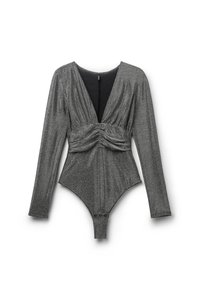 Glanzend grijs bodysuit met lange mouwen, diepe V-hals, gedraaide voorkant en drukknoopsluiting onderaan. Zacht, gestructureerd stof.