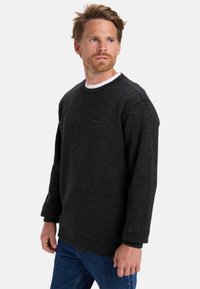 Sudadera gris oscuro con cuello redondo y mangas largas, hecha de un tejido suave, que presenta una textura sutil y un pequeño detalle de logo.