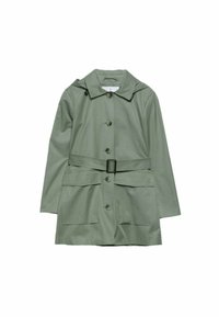 Green, knee-length raincoat with a classic collar, front buttons, waist belt, and two large patch pockets. Smooth, water-resistant fabric.