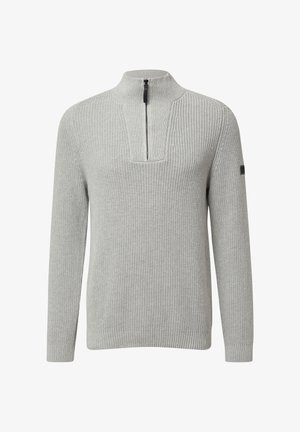 Hellgrauer gestrickter Pullover mit hohem Kragen und halbem Reißverschluss vorne, ausgestattet mit langen Ärmeln sowie gerippten Bündchen und Saum.
