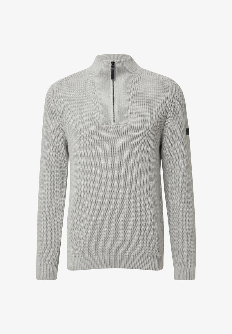 Svetlošedý pletený pulover so zvýšeným golierom a polovičným zipsom na prednej strane, s dlhými rukávmi a rebrovanými manžetami a lemom.
