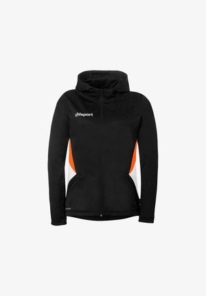Veste de sport noire à fermeture éclair intégrale avec capuche, panneaux latéraux blancs et orange, poches avant et logo "uhlsport" sur le côté gauche de la poitrine.