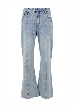 Light blue denim flared jeans with front pocket details, visible stitching, and a waistband with belt loops. Classic five-pocket design.