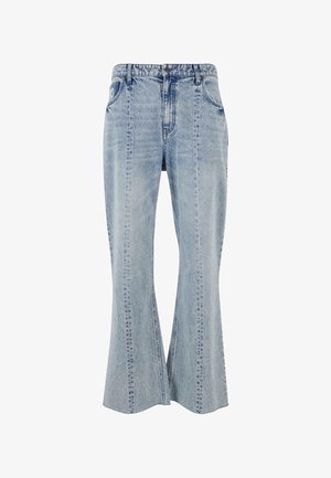 Hellblaue Denim-Jeans im Schlagstil mit vorderen Taschen, sichtbaren Nähten und einem Bund mit Gürtelschlaufen. Klassisches Fünf-Taschen-Design.