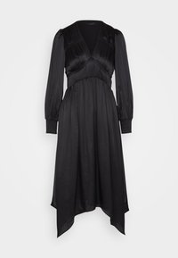 Robe noire en tissu lisse, dotée de longues manches bouffantes, d'un décolleté en V, d'un corsage plissé et d'une ligne d'ourlet asymétrique.