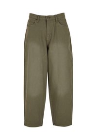 Olive green wide-leg trousers made of cotton, featuring a button and zipper closure, five pockets, and a clean, smooth texture.