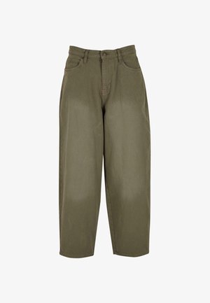 Oliwkowe spodnie z szerokimi nogawkami z bawełny, z zapięciem na guzik i zamek, pięcioma kieszeniami oraz czystą, gładką teksturą.