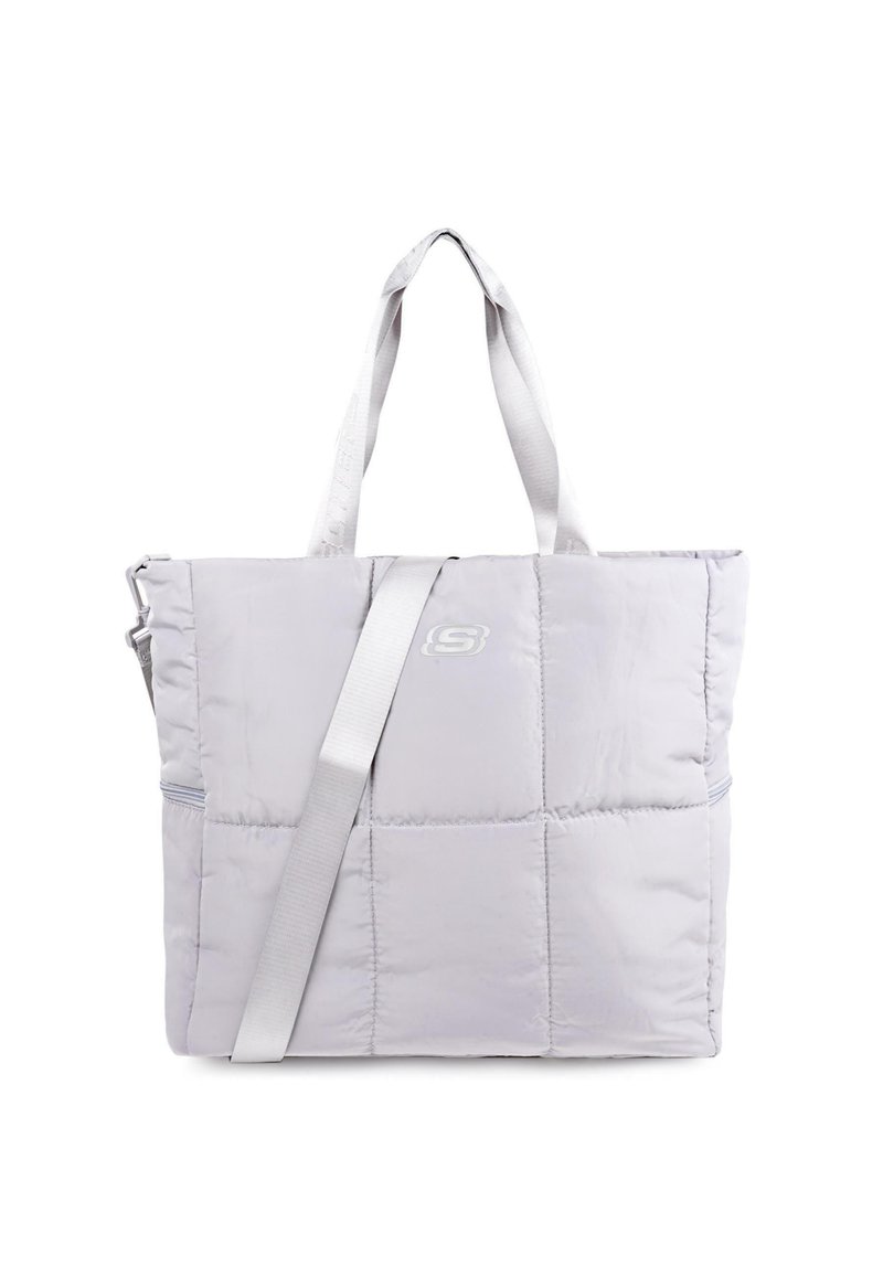 Bolso tote acolchado en gris claro con textura suave, que cuenta con asas cortas y una correa de hombro desmontable. Un bolsillo con cremallera en el lado.
