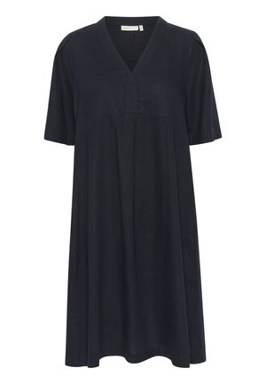 Rövid ujjú, sötétkék lenruha V-nyakkal, redőzött részletekkel a mellrészen és kényelmes, laza szabással.
