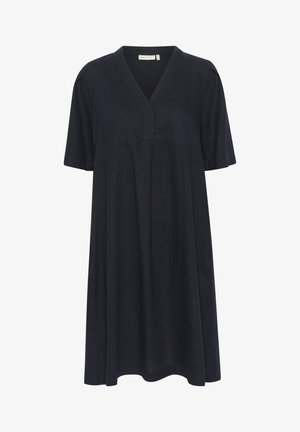 Rövid ujjú, sötétkék lenruha V-nyakkal, redőzött részletekkel a mellrészen és kényelmes, laza szabással.