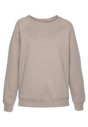 Helle beigefarbene Sweatshirt mit rundem Halsausschnitt, gerippten Bündchen und Saum. Verfügt über einen strukturierten Stoff mit einem dezenten Nähdetail auf der Vorderseite.