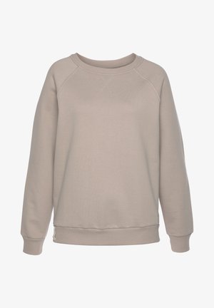 Helle beigefarbene Sweatshirt mit rundem Halsausschnitt, gerippten Bündchen und Saum. Verfügt über einen strukturierten Stoff mit einem dezenten Nähdetail auf der Vorderseite.