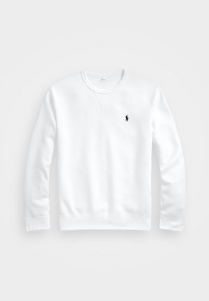 Sweat-shirt blanc à manches longues avec col rond, petit logo noir de joueur de polo sur la poitrine gauche, poignets et ourlet côtelés.