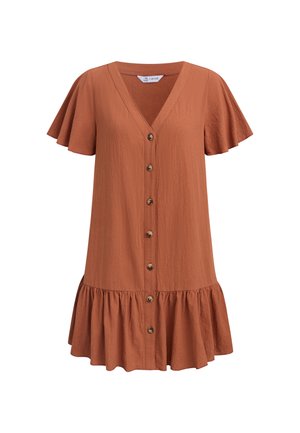 Kort jurkje in roestkleur met V-hals, knoopsluiting aan de voorkant, vleugelmouwen en gerimpelde zoom.