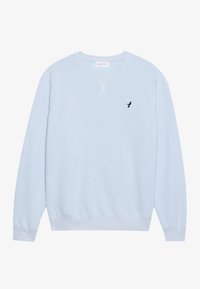 Ljusblå sweatshirt i bomull med rund halsringning, ribbade ärmslut och en broderad svart fågel-logotyp på vänster bröst.