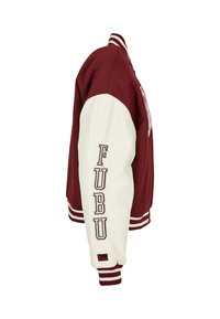 Red and white varsity jacket featuring a wool body, leather sleeves, ribbed cuffs, and "FUBU" embroidery on the sleeve.