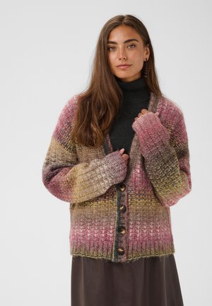 Jeune femme portant un cardigan tricoté multicolore sur un col roulé noir et une longue jupe marron avec des chaussures noires, debout devant un fond uni.