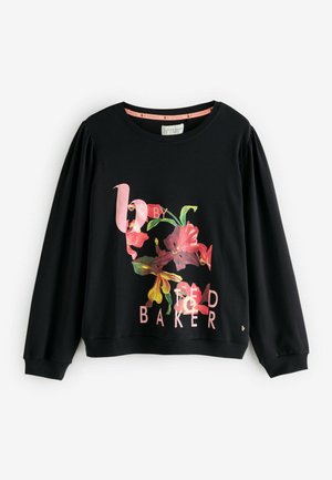 Black sweatshirt featuring a floral graphic design in pink and yellow. Long sleeves with gathered details. Soft cotton material.