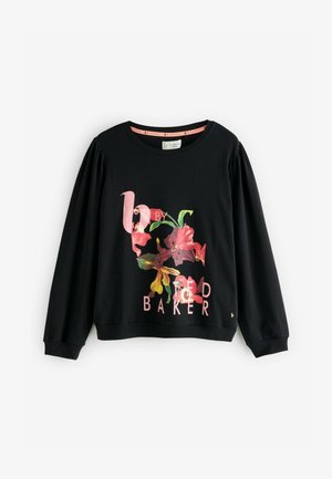 Zwarte trui met een bloemmotief in roze en geel. Lange mouwen met geplooide details. Zacht katoenen materiaal.