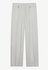 Lichtgrijze, wijde pantalon gemaakt van een zachte stof. Heeft twee voorplooien, twee knoopsluitingen en een gladde textuur.