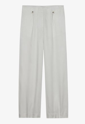 Light gray, wide-leg trousers made from a soft fabric. Features two front pleats, two button closures, and a smooth texture.