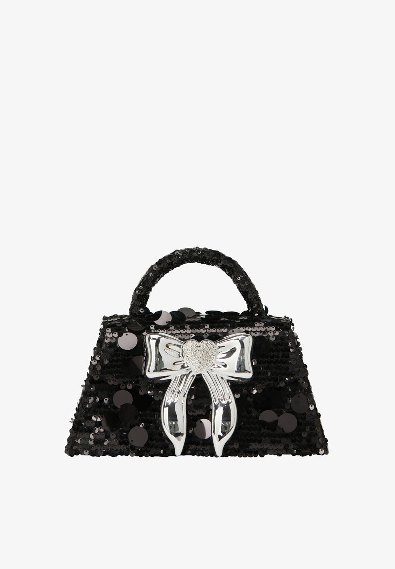 Zwarte sequined handtas met een gestructureerde vorm, top afgewerkt met een strik met een hartvormig zilveren accent en een ronde handgreep.