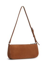 Καφέ τσάντα ώμου από καστόρι δέρμα με ρυθμιζόμενο λουρί και πάνω φερμουάρ, ορθογώνιο σχήμα με στρογγυλεμένες άκρες.