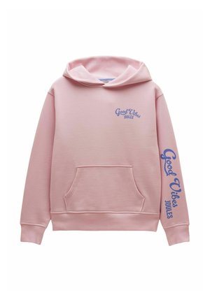 Light pink hoodie with front pocket, "Good Vibes JOULES" text printed in blue on left chest and right sleeve.