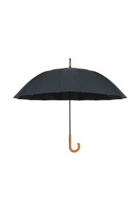 Czarny parasol z zakrzywionym drewnianym uchwytem, składający się z ośmiu paneli i gładkiej tekstury. Posiada smukły metalowy trzon i klasyczny design.