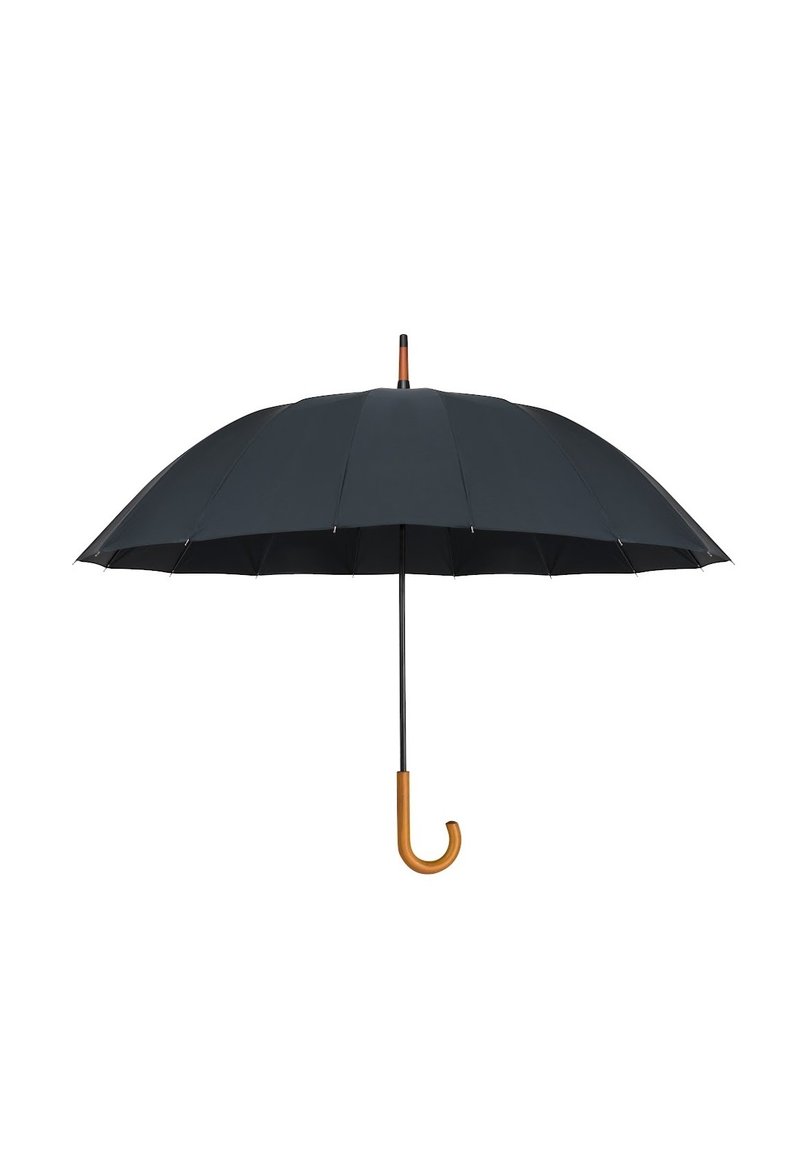 Czarny parasol z zakrzywionym drewnianym uchwytem, składający się z ośmiu paneli i gładkiej tekstury. Posiada smukły metalowy trzon i klasyczny design.