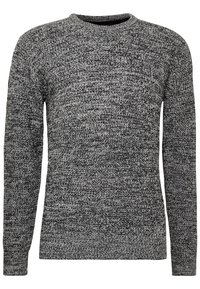 Pletený svetr v tmavě šedých a černých odstínech s kulatým výstřihem a dlouhými rukávy. Texturovaná látka s jemným vzorem.