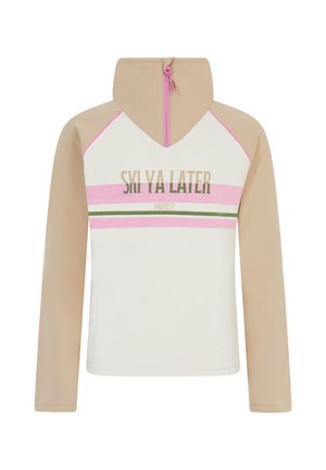 Lichte ritssluiting hoodie in crème en beige, met een hoge kraag, roze en groene strepen, en de tekst "SKI YA LATER" in vette letters.