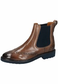 Brązowy skórzany botek Chelsea o polerowanym wykończeniu, z detalami w stylu brogue na czubku oraz granatową elastyczną wstawką po bokach. Czarna gumowa podeszwa.