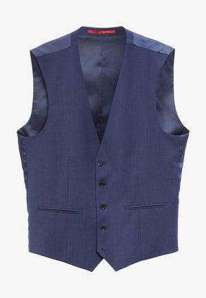 Marineblauw gilet met een inkeping revers, vijf knopen aan de voorkant en twee zijzakken. Gemaakt van een glad, gestructureerd stof.