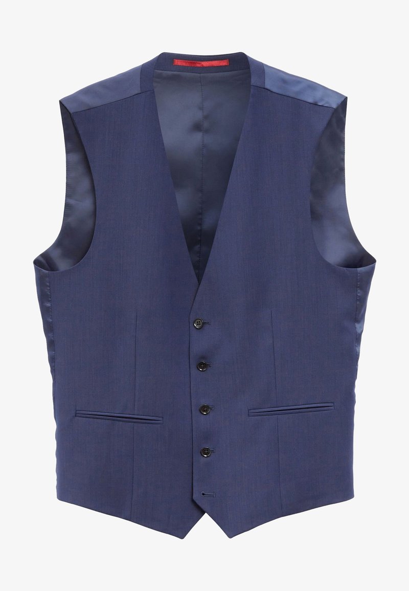 Gilet bleu marine avec un col cranté, une fermeture à cinq boutons sur le devant, et deux poches latérales. Confectionné dans un tissu lisse et texturé.