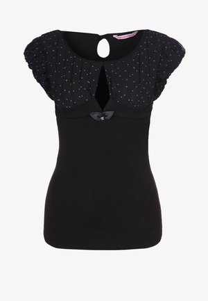 Zwarte top met korte mouwen en geplooide gestipte stof op de schouders, keyhole-halslijn en klein strikdetail in het midden van de borst.