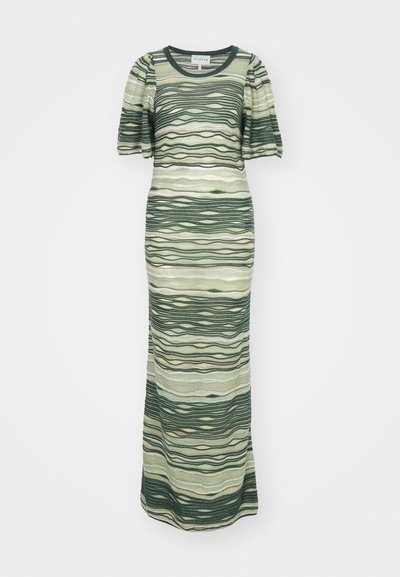 Maxi-mekko, jossa on vihreä ja beige aalto-kuvio, lyhyet puffi-hihat ja pyöreä pääntie. Valmistettu pehmeästä, teksturoidusta kankaasta.