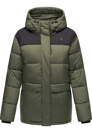 Giubbotto imbottito verde oliva, con cappuccio rimovibile, sezioni superiori nere, zip frontale e polsini elasticizzati con foderatura interna.