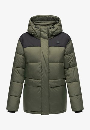 Giubbotto imbottito verde oliva, con cappuccio rimovibile, sezioni superiori nere, zip frontale e polsini elasticizzati con foderatura interna.