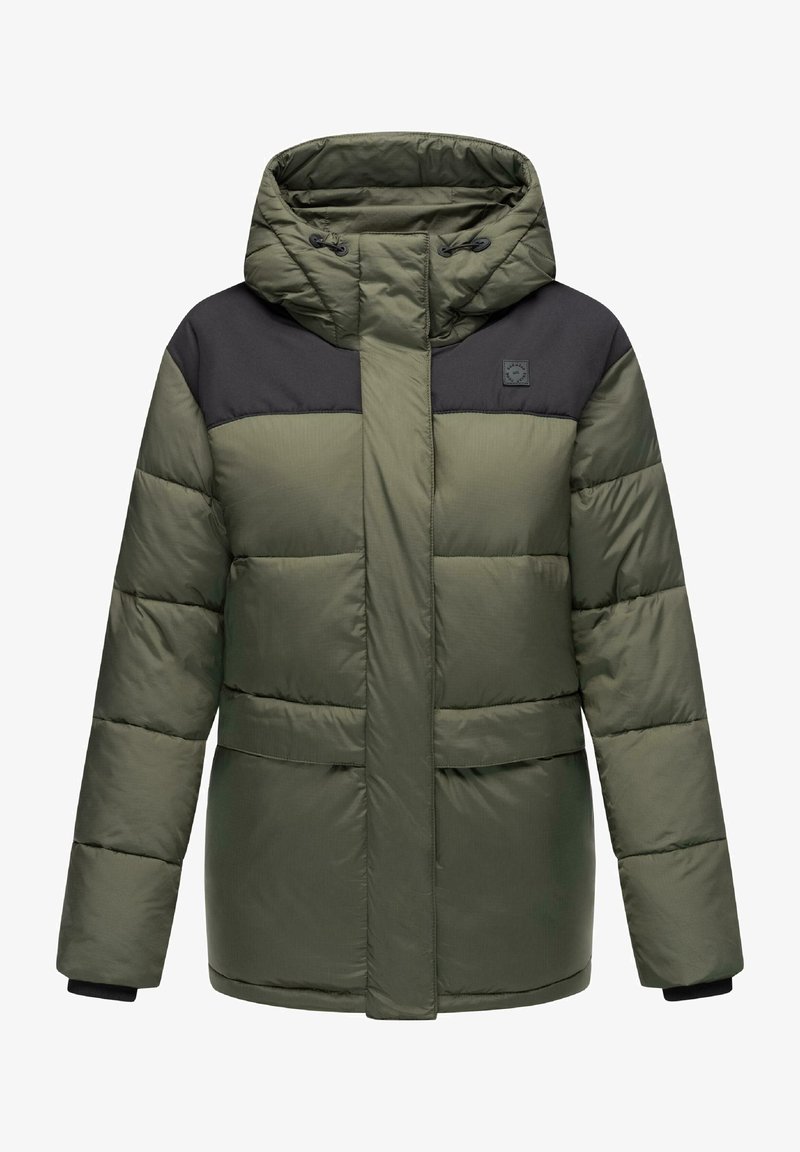 Žalios alyvų spalvos pamušta striukė, su nuimamu gobtuvu, juodomis viršutinėmis dalimis, priekiniais užtrauktukais ir elastingais rankogaliais su vidiniu pamušalu.