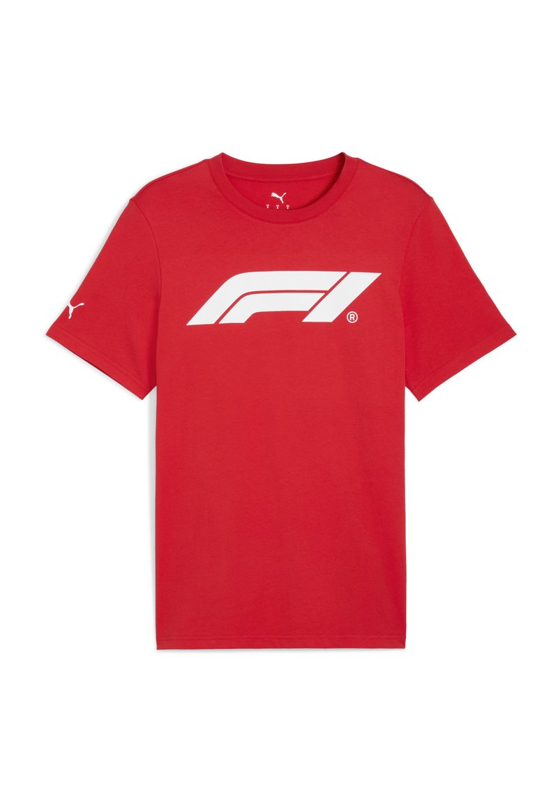 Raudonas medvilninis marškinėliai su dideliu baltu Formulės 1 logotipu priekyje, o kairiajame rankovėje mažas baltas Puma logotipas.