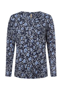Maglietta a maniche lunghe blu navy con un motivo floreale in azzurro chiaro e crema. Presenta un colletto rotondo e una vestibilità rilassata, con una texture di tessuto morbido.