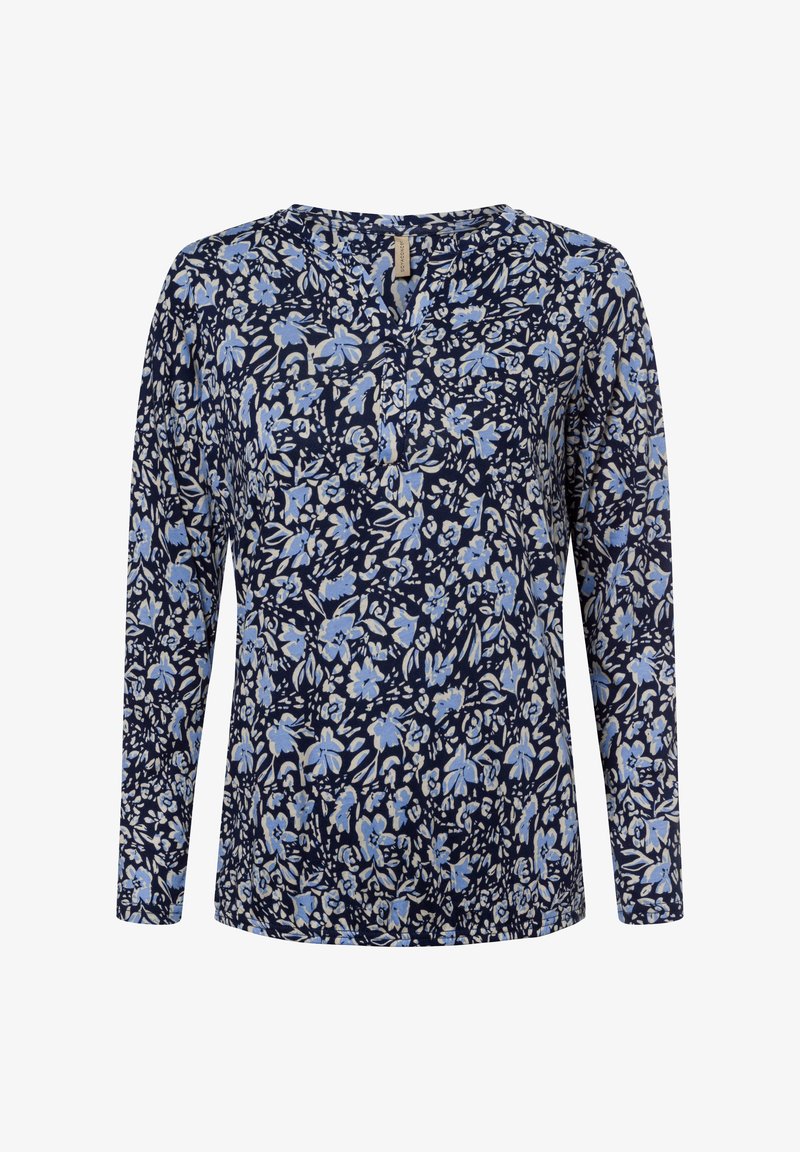 Langärmliges Oberteil in Marineblau mit einem floralen Muster in Hellblau und Creme. Hat einen runden Ausschnitt und eine lockere Passform, mit weichem Stoffgefühl.